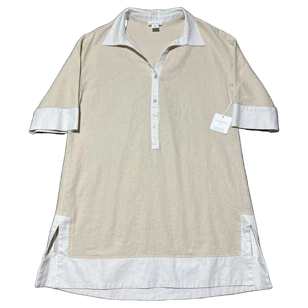 Cynthia Rowley Tunic Top XL Linen Viscose Beige White Trim Collared Minimalist